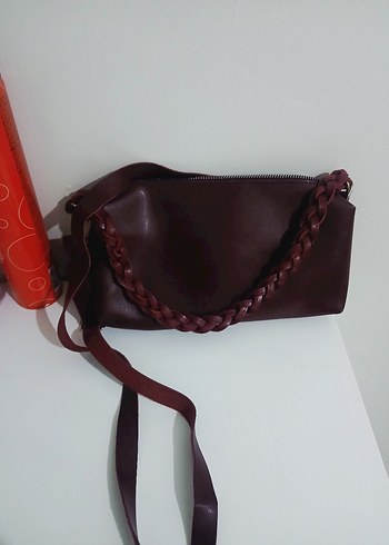 Bordo Deri Kadın Çanta - Fermuarlı, Örgü Saplı - Görsel 3