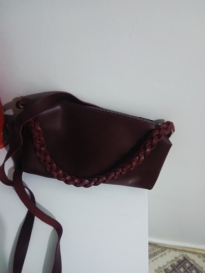 Bordo Deri Kadın Çanta - Fermuarlı, Örgü Saplı - Görsel 4