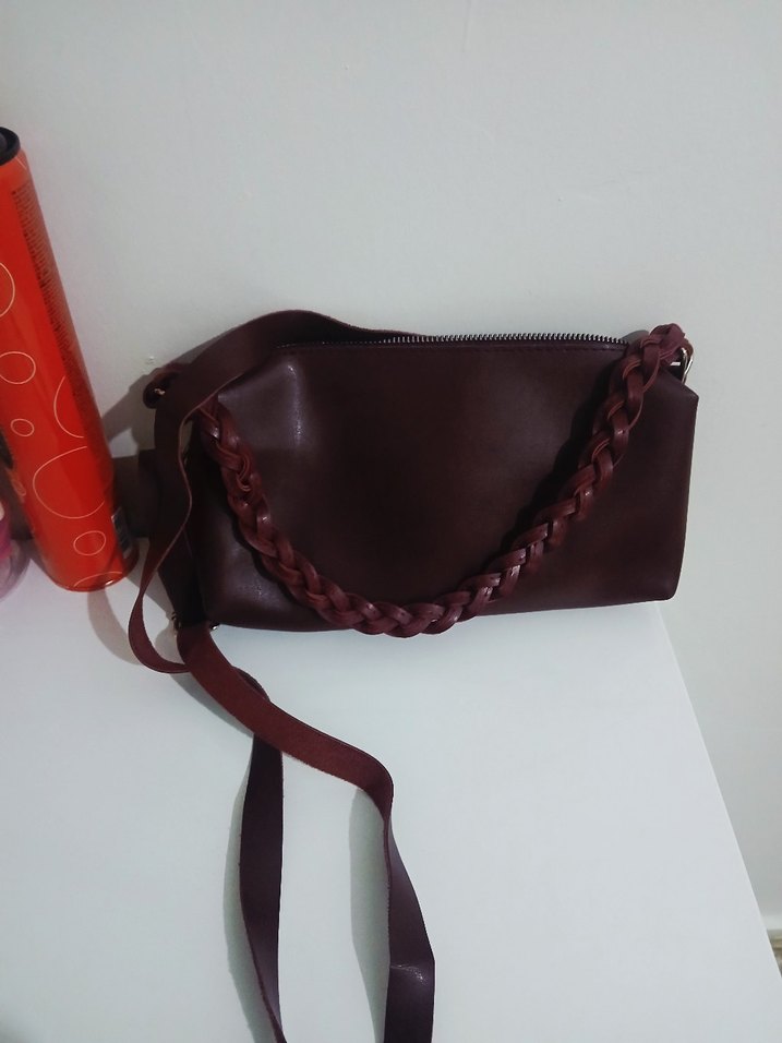 Bordo Deri Kadın Çanta - Fermuarlı, Örgü Saplı - Görsel 3