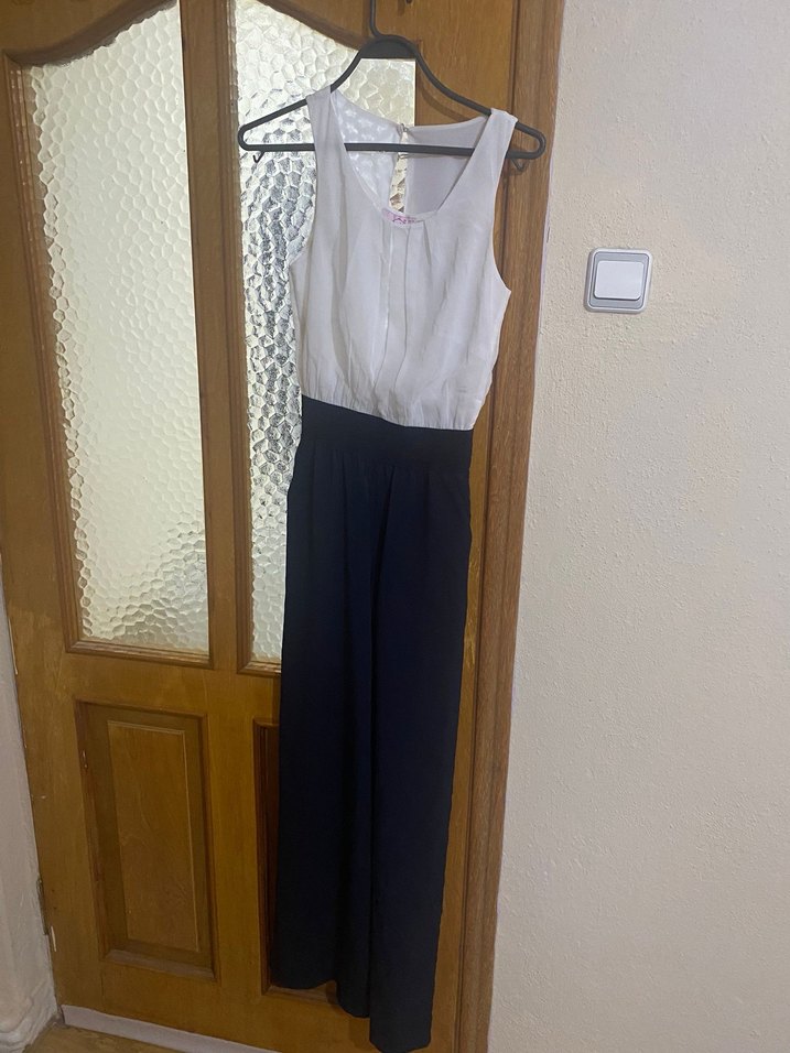 Kadın Beyaz lacivert Uzun Pilili Tulum - Görsel 3