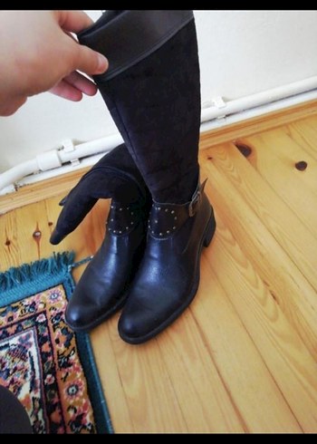 Siyah Süet Tokalı Dizüstü Stiletto Çizme - Görsel 2