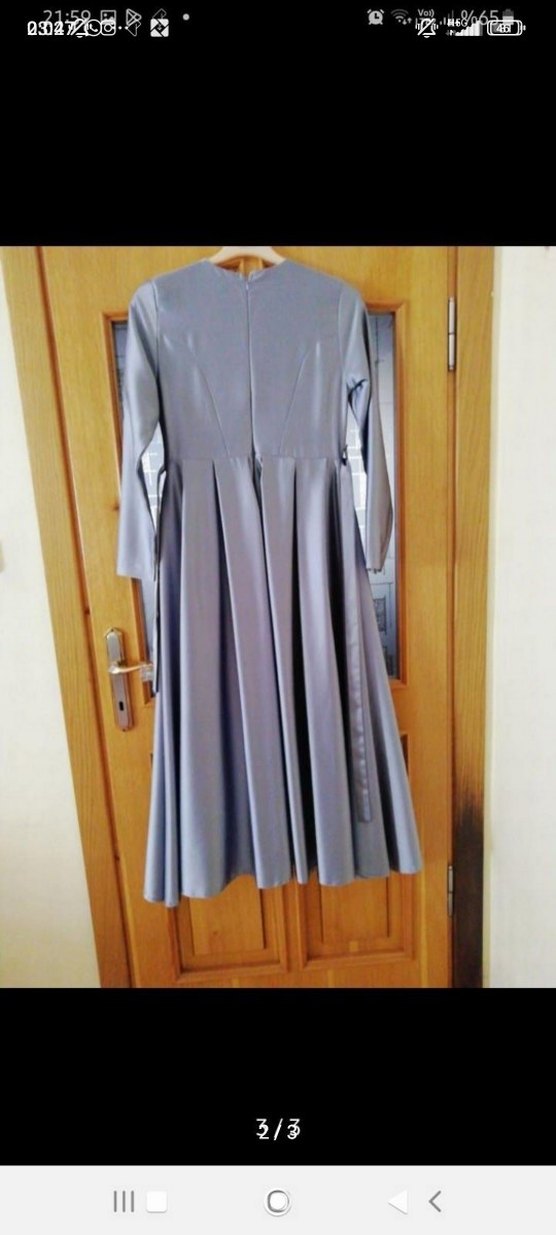 Uzun Gri Pilili Kadın Abiye Elbise - Görsel 2