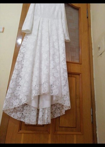 Uzun Kollu Beyaz Dantelli Nişan Elbisesi - Görsel 3