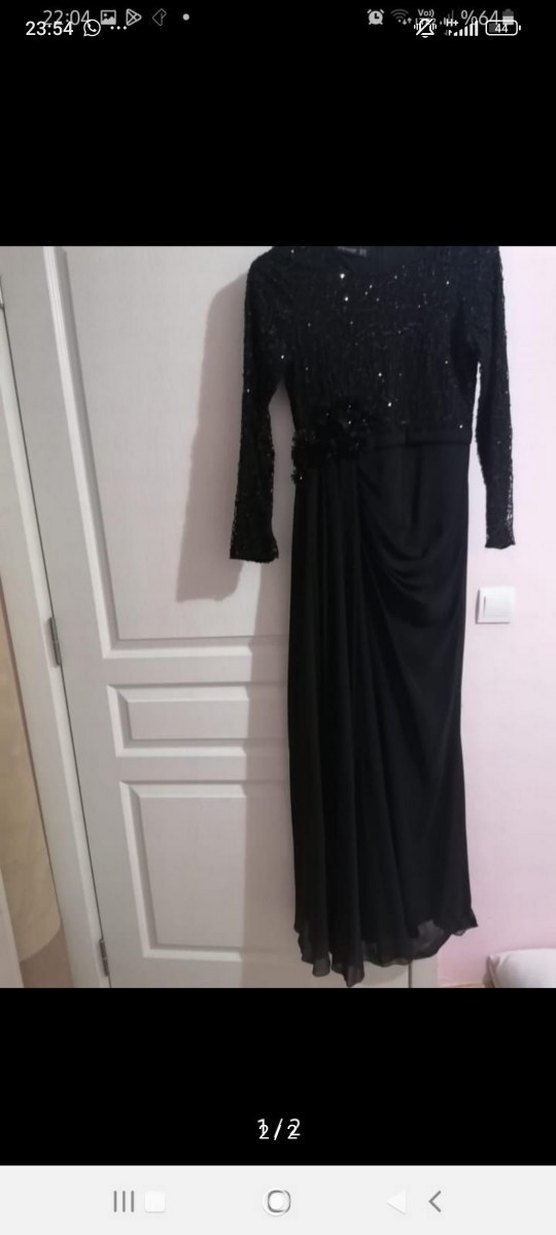 Uzun Kollu Mor Abiye Elbise - Görsel 2