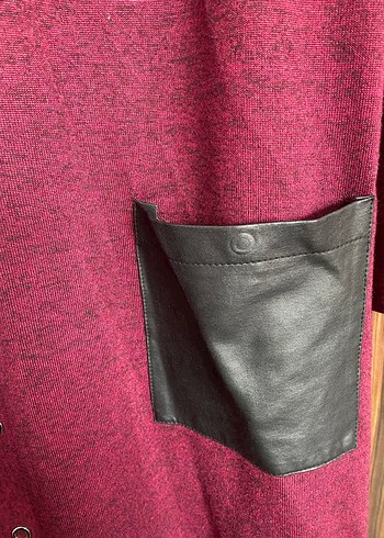 Bordo Deri Cepli Düğmeli Kadın Uzun Ceket - Görsel 3