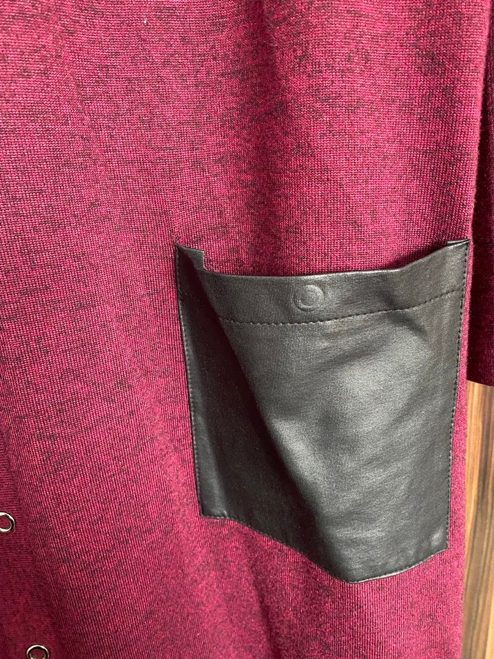 Bordo Deri Cepli Düğmeli Kadın Uzun Ceket - Görsel 3