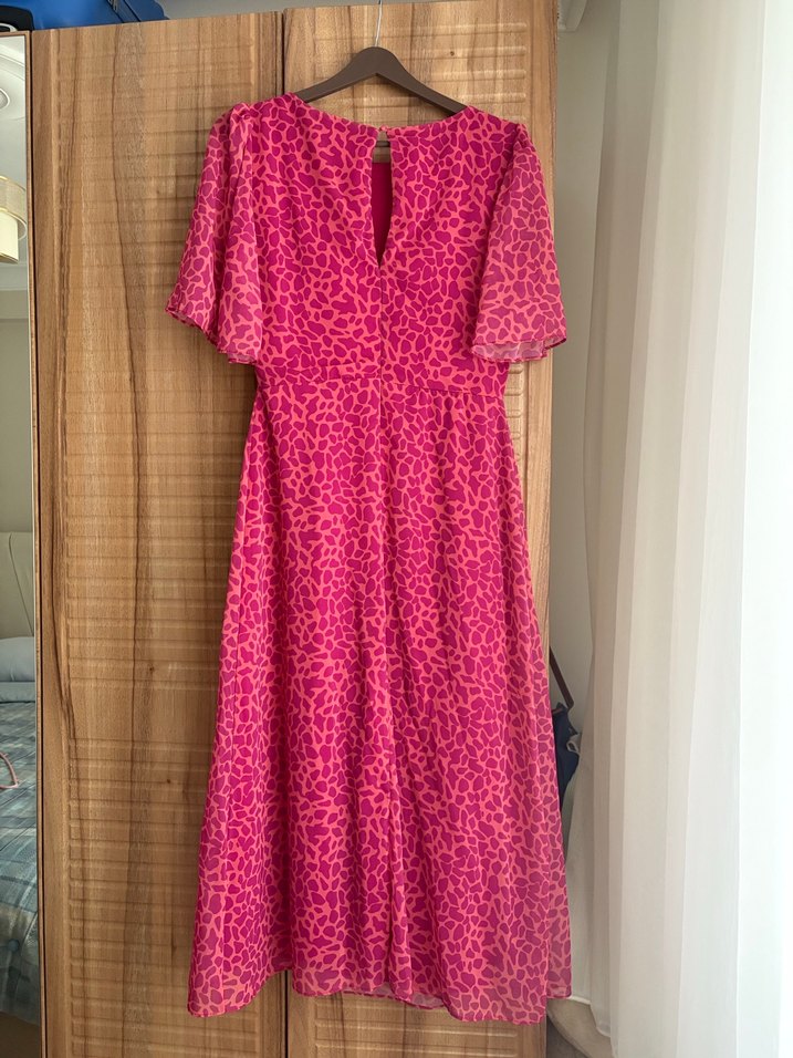 Pembe Leopar Desenli Piliseli Midi Elbise - Görsel 4