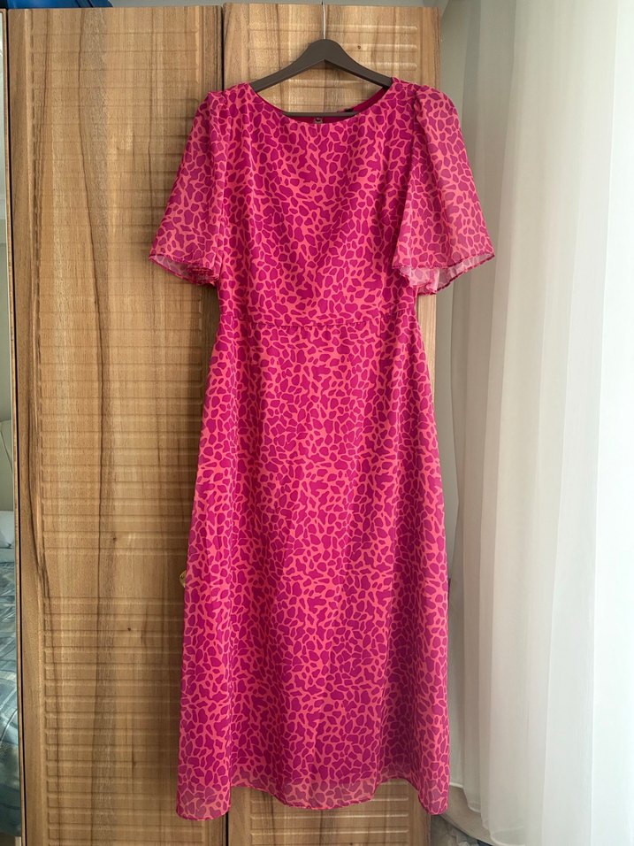 Pembe Leopar Desenli Piliseli Midi Elbise - Görsel 3