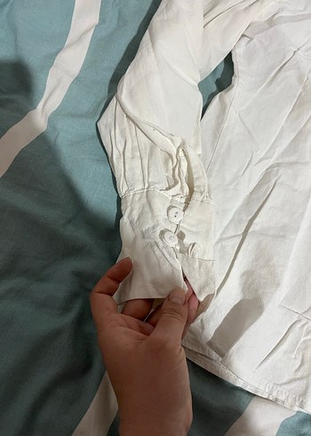 Beyaz Keten Düğmeli Kadın Gömlek - Görsel 5