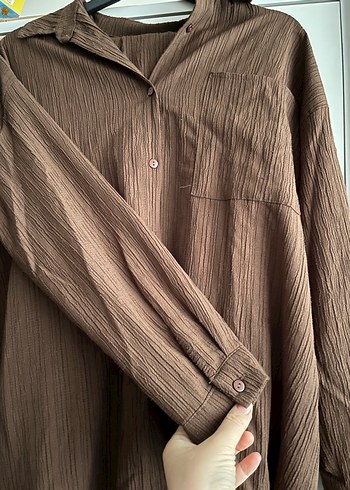 Düğmeli Kahverengi Keten Kadın Gömlek Pantolon - Görsel 5