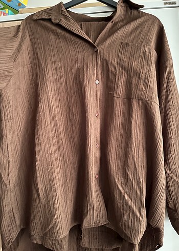 Düğmeli Kahverengi Keten Kadın Gömlek Pantolon - Görsel 3