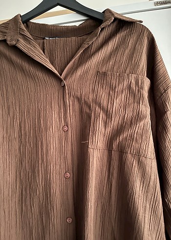 Düğmeli Kahverengi Keten Kadın Gömlek Pantolon - Görsel 4