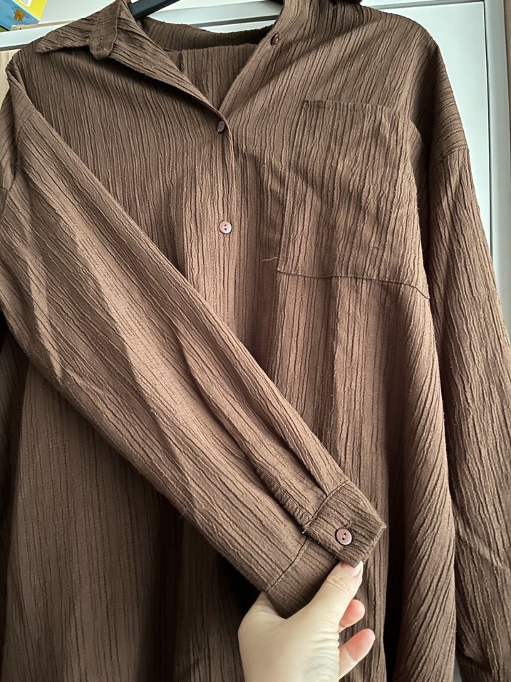 Düğmeli Kahverengi Keten Kadın Gömlek Pantolon - Görsel 5