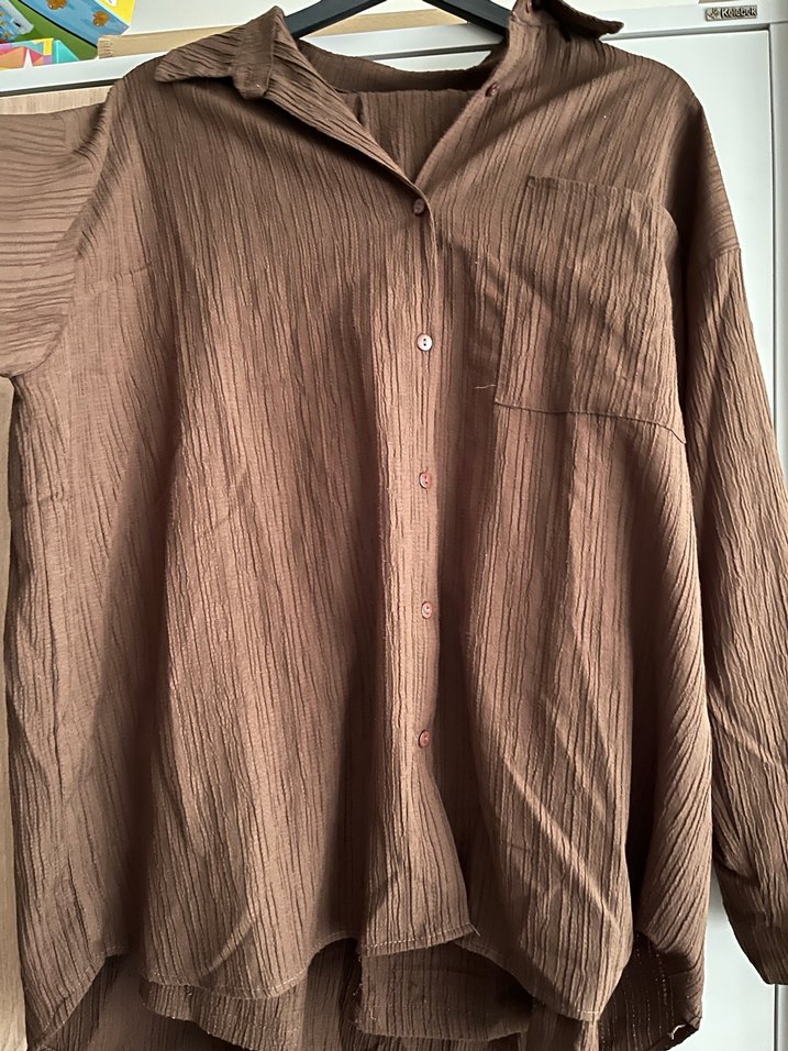 Düğmeli Kahverengi Keten Kadın Gömlek Pantolon - Görsel 3