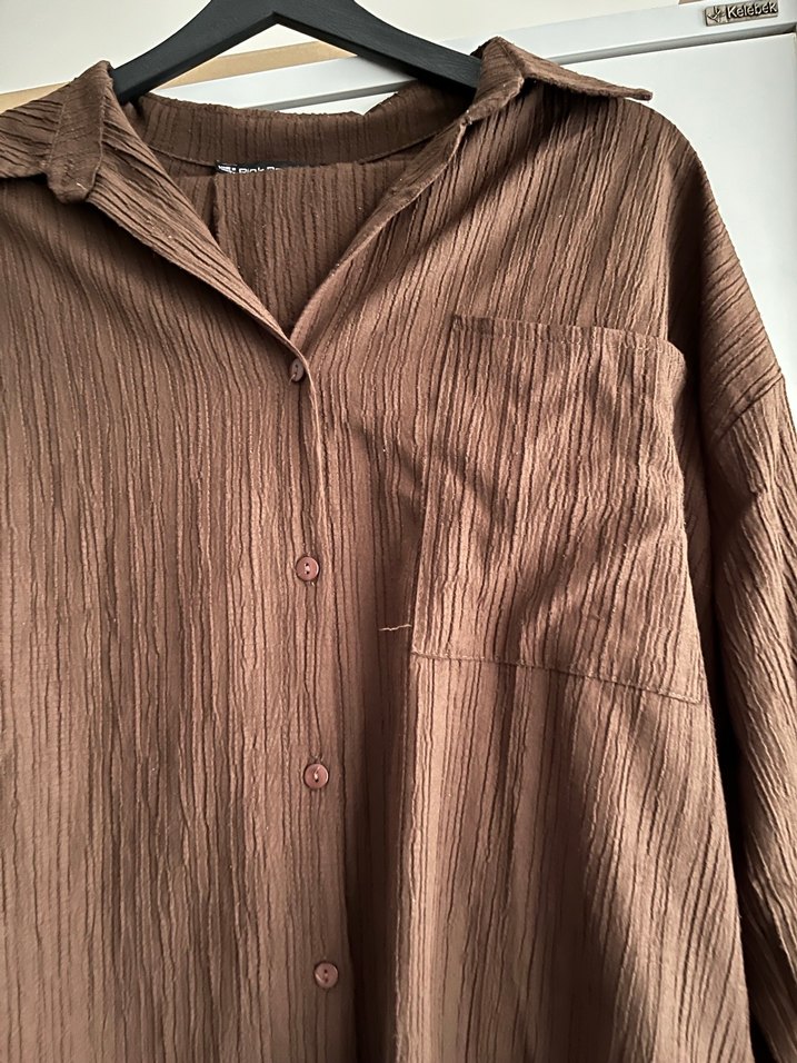 Düğmeli Kahverengi Keten Kadın Gömlek Pantolon - Görsel 4