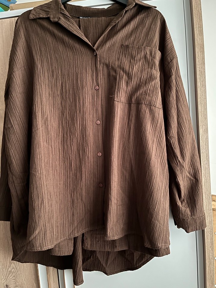 Düğmeli Kahverengi Keten Kadın Gömlek Pantolon - Görsel 2