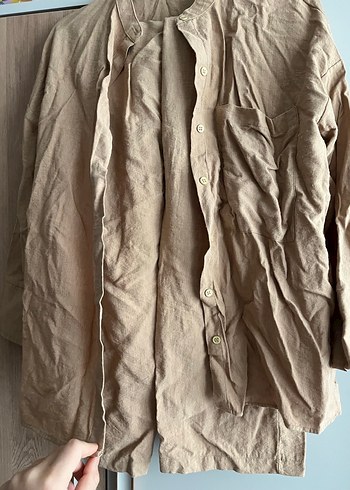 Bej Düğmeli Keten Kadın Gömlek pantolon takım - Görsel 2