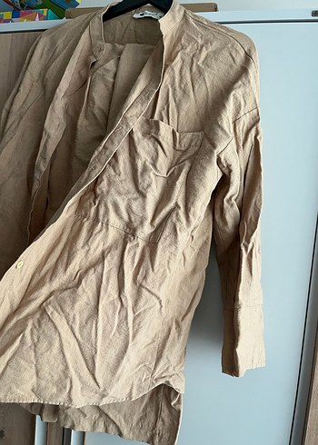 Bej Düğmeli Keten Kadın Gömlek pantolon takım - Görsel 3