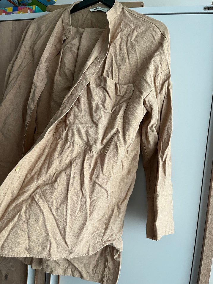 Bej Düğmeli Keten Kadın Gömlek pantolon takım - Görsel 3