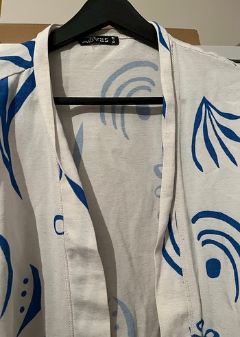 Baskılı Beyaz Keten Bohem Kimono - Görsel 4