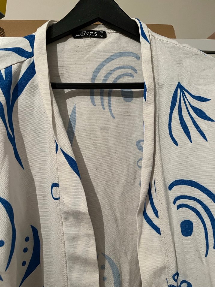 Baskılı Beyaz Keten Bohem Kimono - Görsel 4