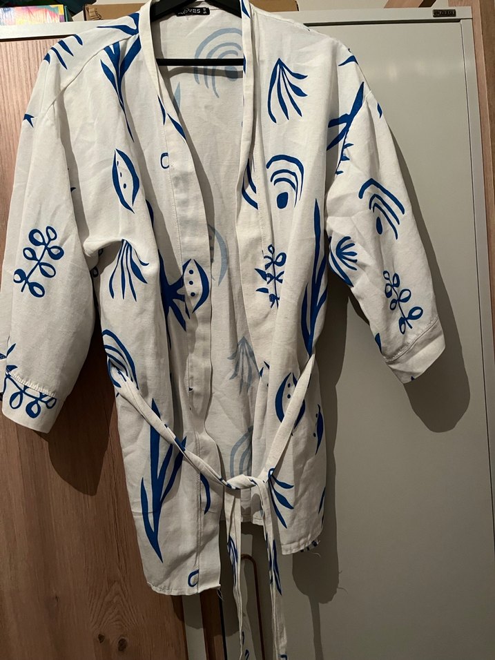 Baskılı Beyaz Keten Bohem Kimono - Görsel 2