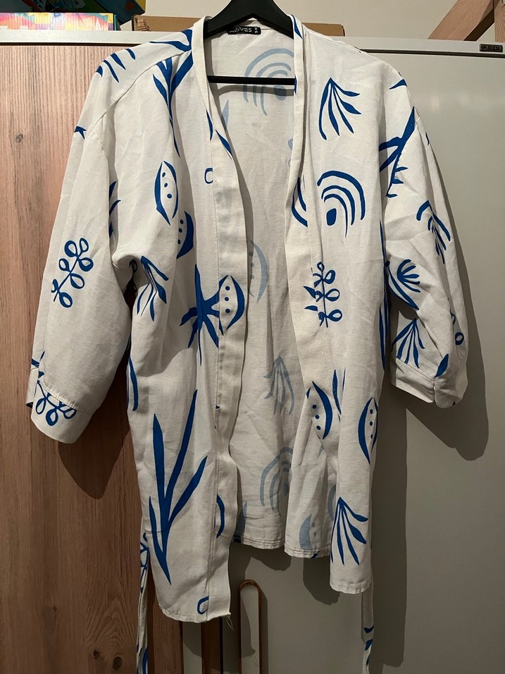 Baskılı Beyaz Keten Bohem Kimono - Görsel 3