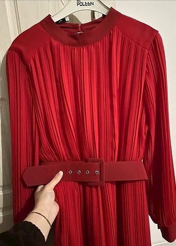 Kadın Kırmızı Piliseli Uzun Elbise - Görsel 8