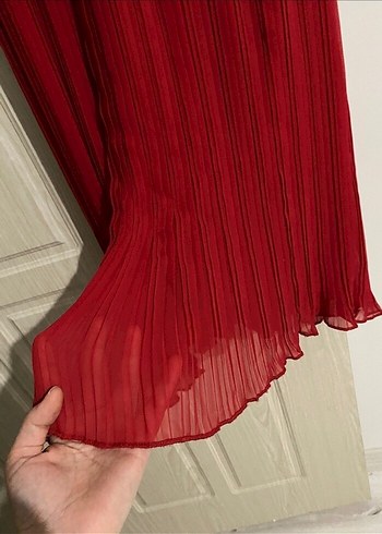 Kadın Kırmızı Piliseli Uzun Elbise - Görsel 4