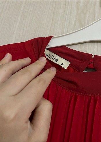 Kadın Kırmızı Piliseli Uzun Elbise - Görsel 7