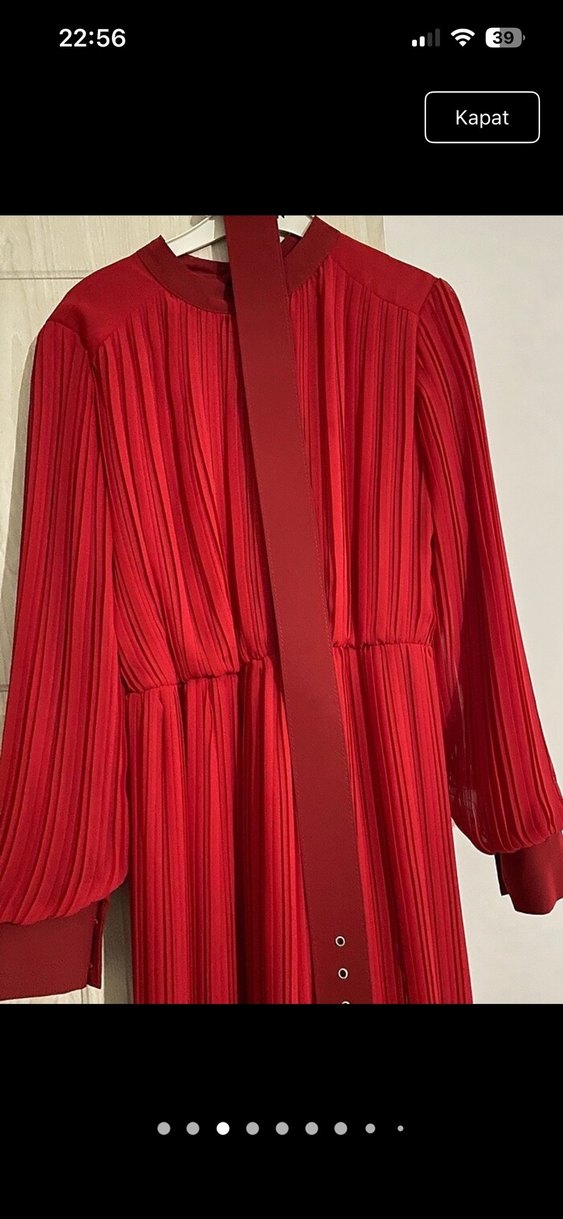 Kadın Kırmızı Piliseli Uzun Elbise - Görsel 3