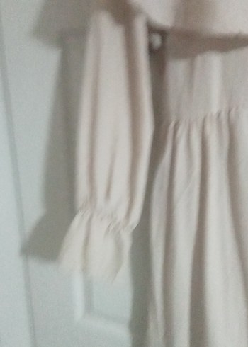 Bej Uzun Keten Elbise Fırfırlı Bohem Stil - Görsel 3