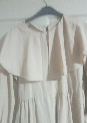 Bej Uzun Keten Elbise Fırfırlı Bohem Stil - Görsel 4