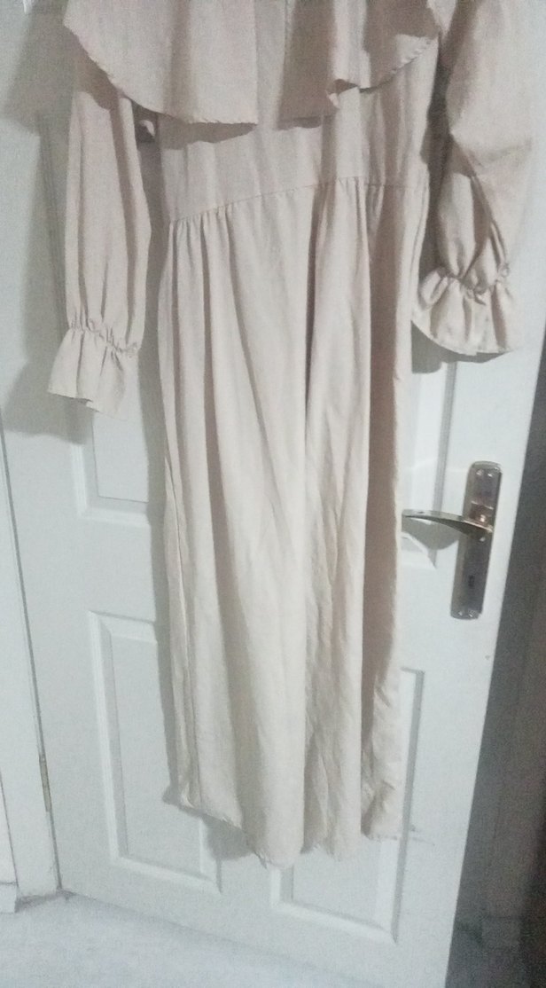 Bej Uzun Keten Elbise Fırfırlı Bohem Stil - Görsel 2