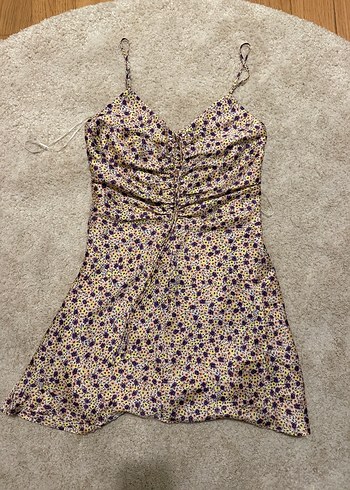 Zara Mor Cicekli İnce Askili Mini Elbise