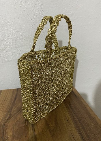 Dantel Detaylı Altın Renk Örgü Kadın Çanta - Görsel 2