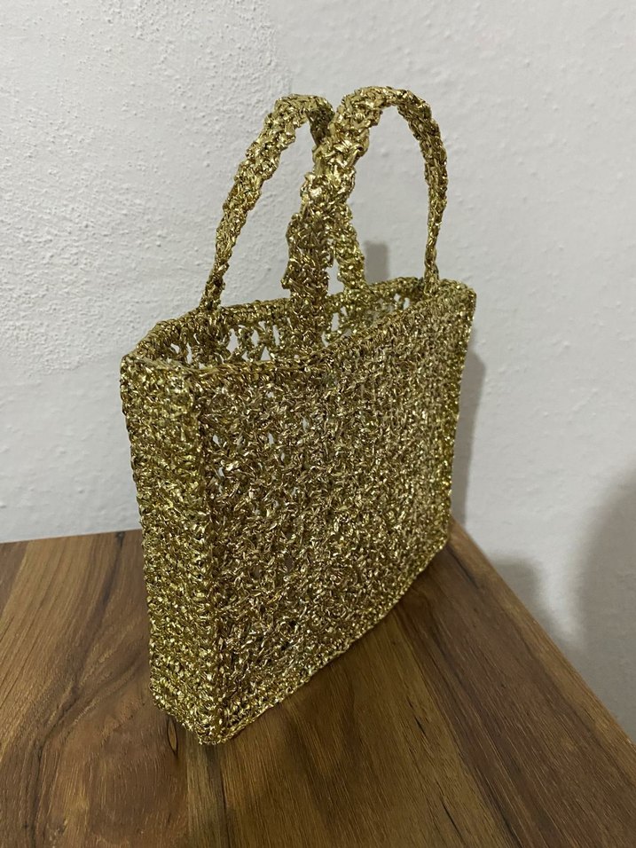 Dantel Detaylı Altın Renk Örgü Kadın Çanta - Görsel 2