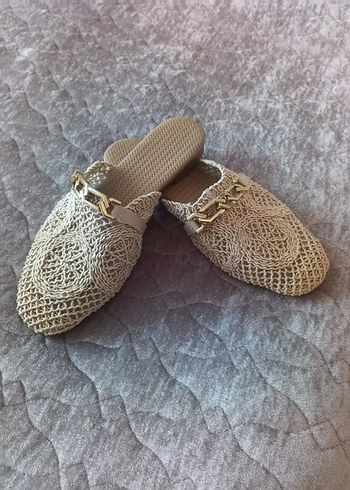 Bej Örgü Kadın Dolgu Topuk Terlik - Görsel 2