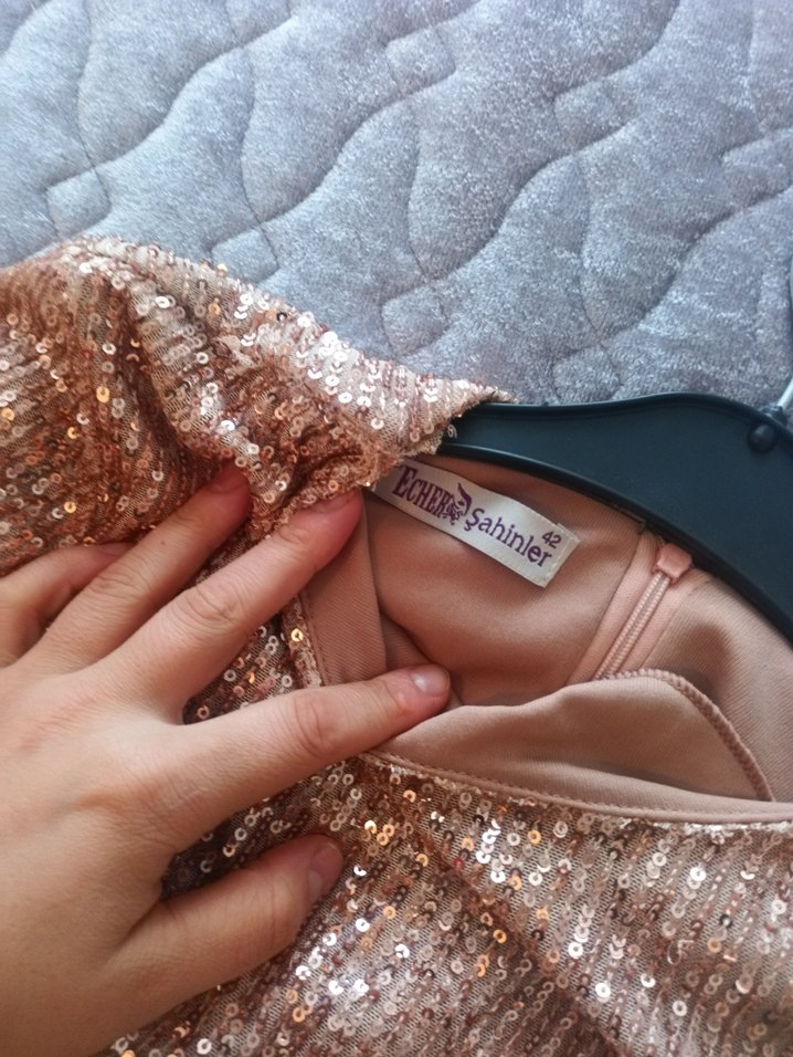 Bej Uzun Kollu Drapeli Kadın Abiye Elbise - Görsel 2