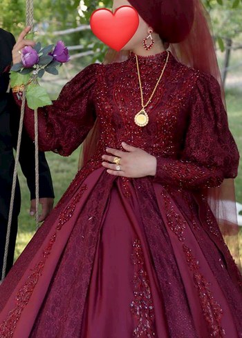 Bordo Uzun Kol Desenli Tesettür gelinlik kına ve nişan - Görsel 2