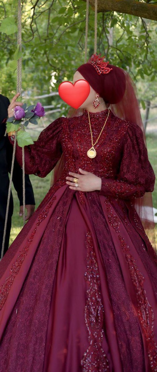 Bordo Uzun Kol Desenli Tesettür gelinlik kına ve nişan - Görsel 2