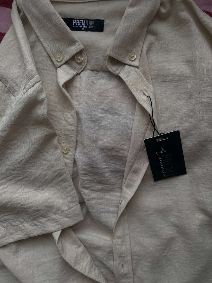 Erkek Krem Keten Gömlek - Görsel 2