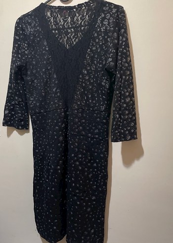 Desenli Siyah V Yakalı Uzun Kollu Triko Elbise - Görsel 2