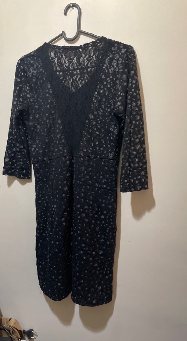 Desenli Siyah V Yakalı Uzun Kollu Triko Elbise - Görsel 2