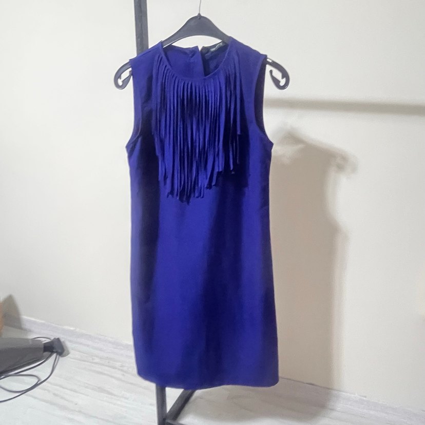 Kısa Kollu Mavi Fırfırlı Mini Elbise - Görsel 5