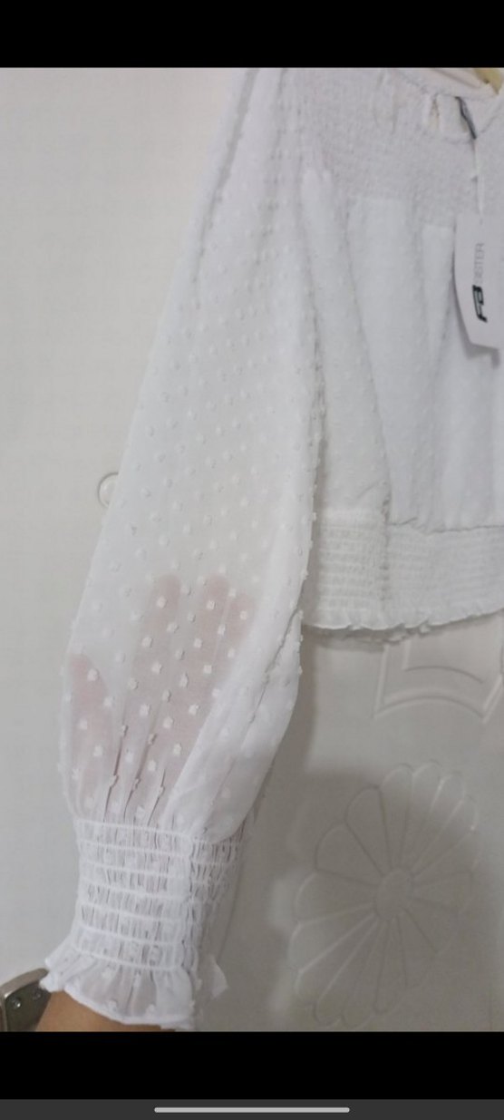 Beyaz Uzun Kollu Mini Keten Bluz - Görsel 2