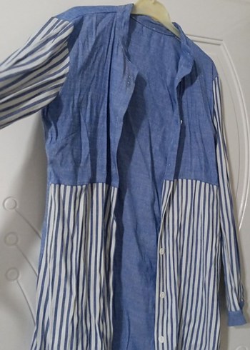 Uzun Kollu Çizgili Denim Kadın Gömlek - Görsel 3