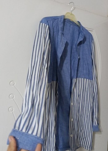 Uzun Kollu Çizgili Denim Kadın Gömlek - Görsel 2