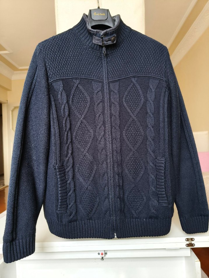 lacivert Örgü Yüksek Yakalı Erkek Hırka - Görsel 4