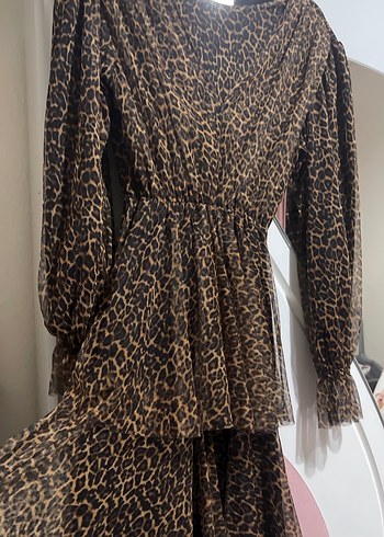 Kahverengi Leopar Desenli Uzun Bohem Elbise - Görsel 2